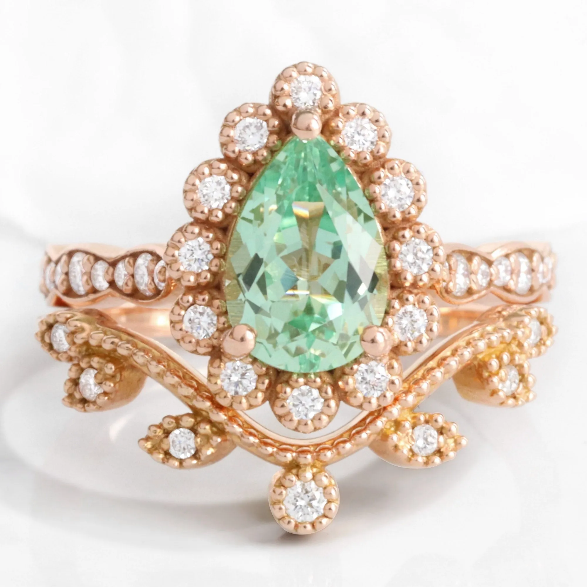 Pear Green Sapphire Ring Bridal Set w/ Leaf Diamond Band in Vintage Luna Halo