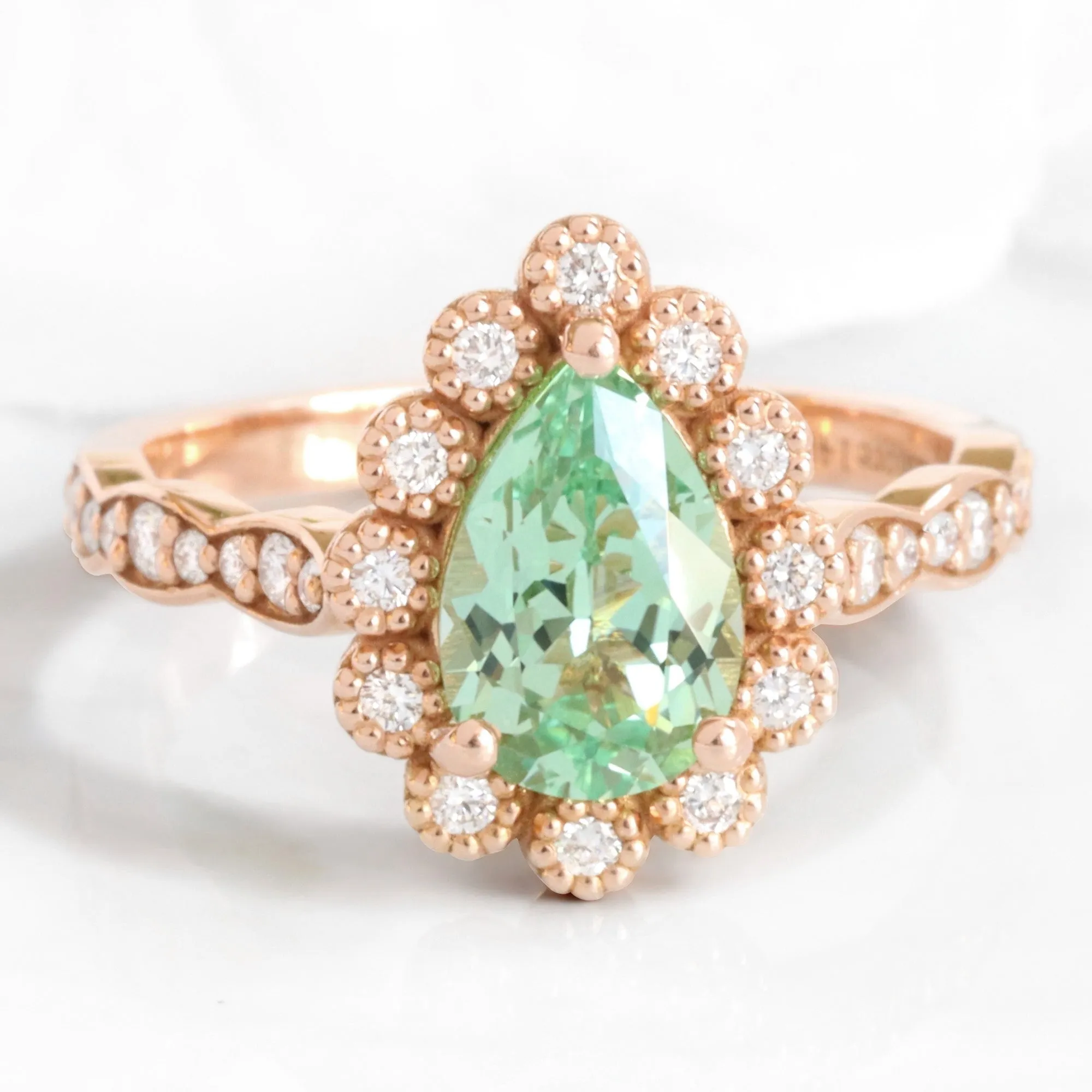 Pear Green Sapphire Ring Bridal Set w/ Leaf Diamond Band in Vintage Luna Halo