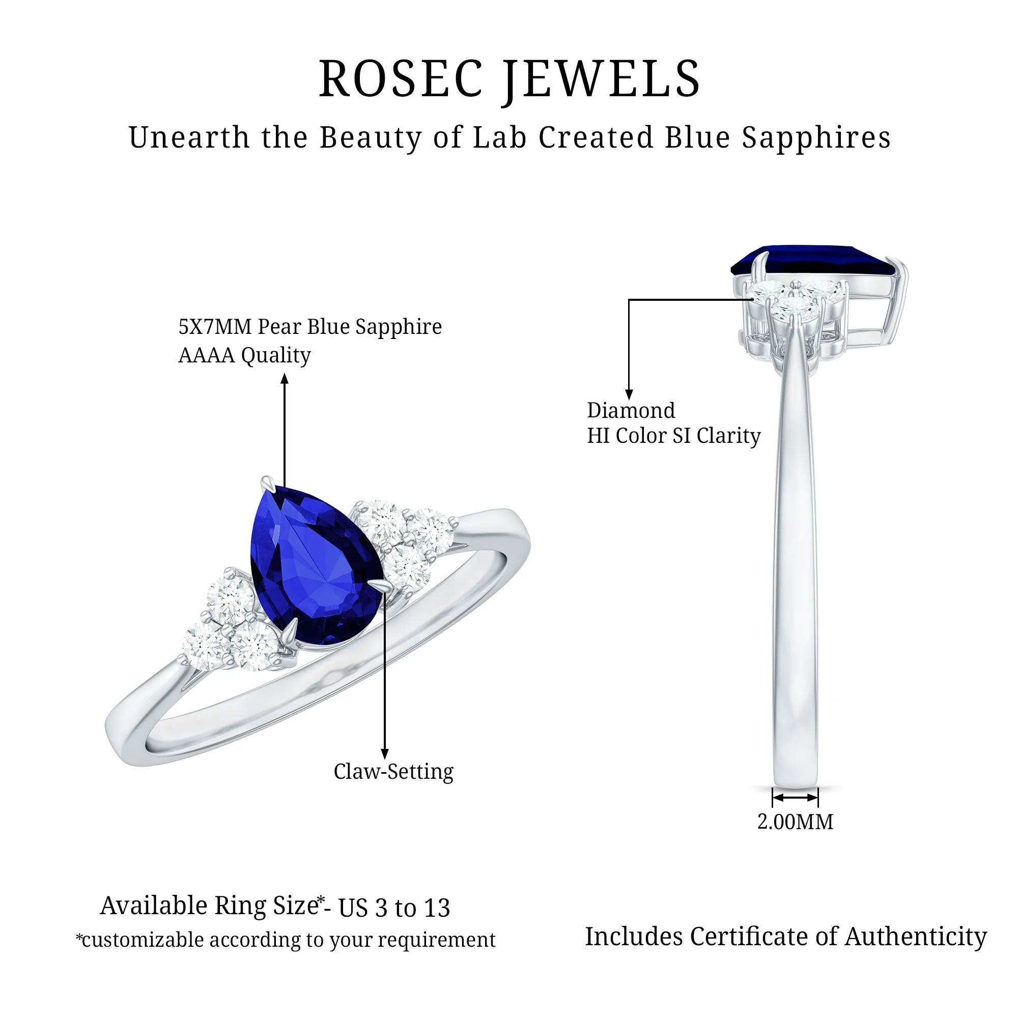 Pear Shaped Created Blue Sapphire Solitaire Ring with Diamond Trio