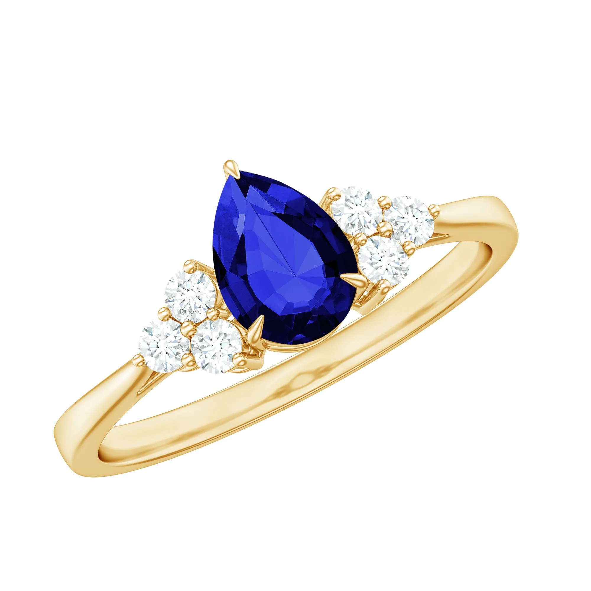 Pear Shaped Created Blue Sapphire Solitaire Ring with Diamond Trio