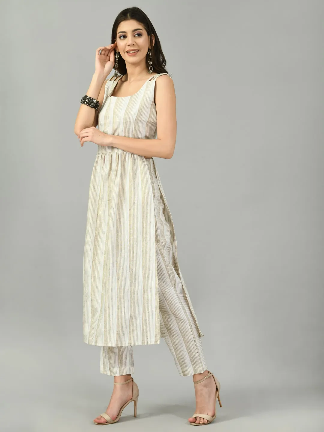 Plus Size Women Beige Striped Pure Cotton Kurta with Trouser