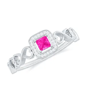 Princess Cut Pink Sapphire and Diamond Halo Promise Ring in Infinity Shank