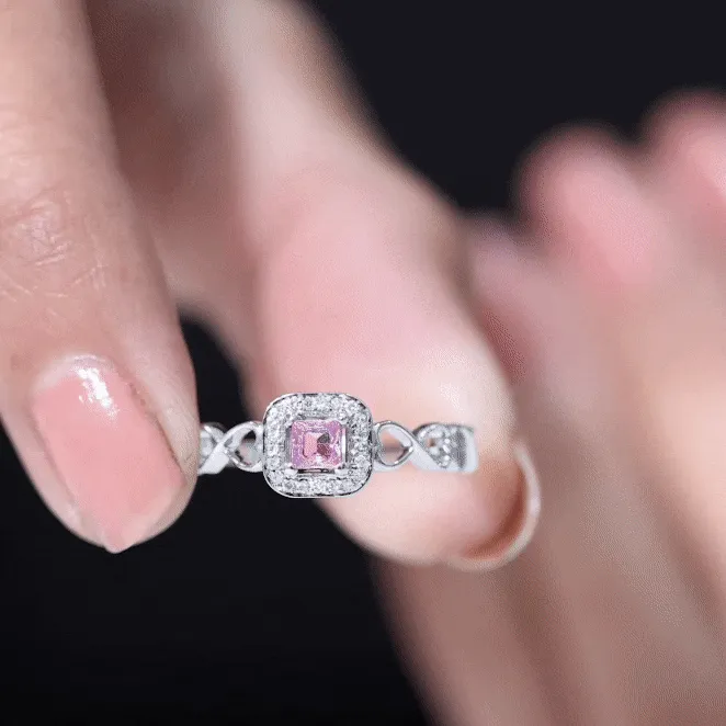 Princess Cut Pink Sapphire and Diamond Halo Promise Ring in Infinity Shank