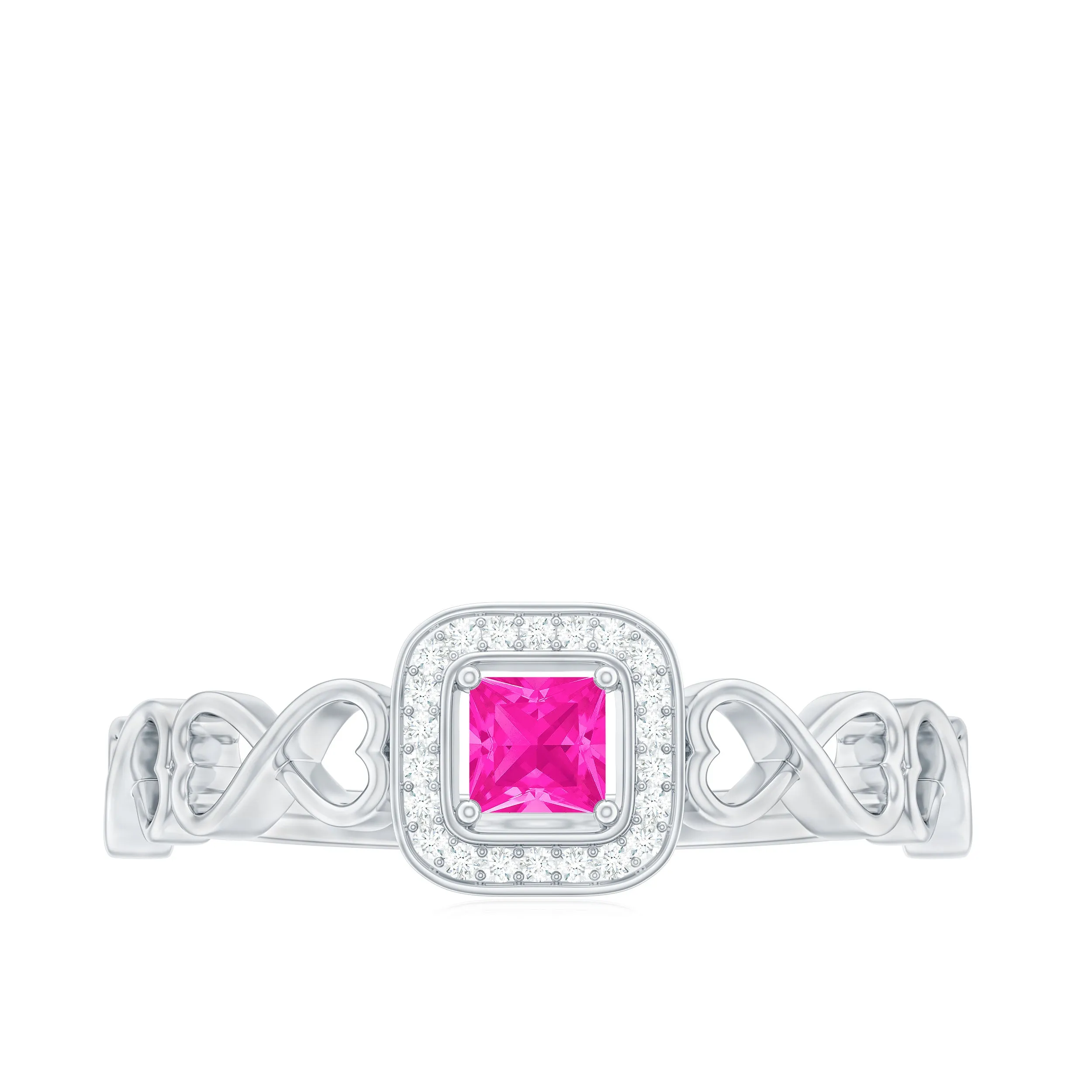 Princess Cut Pink Sapphire and Diamond Halo Promise Ring in Infinity Shank