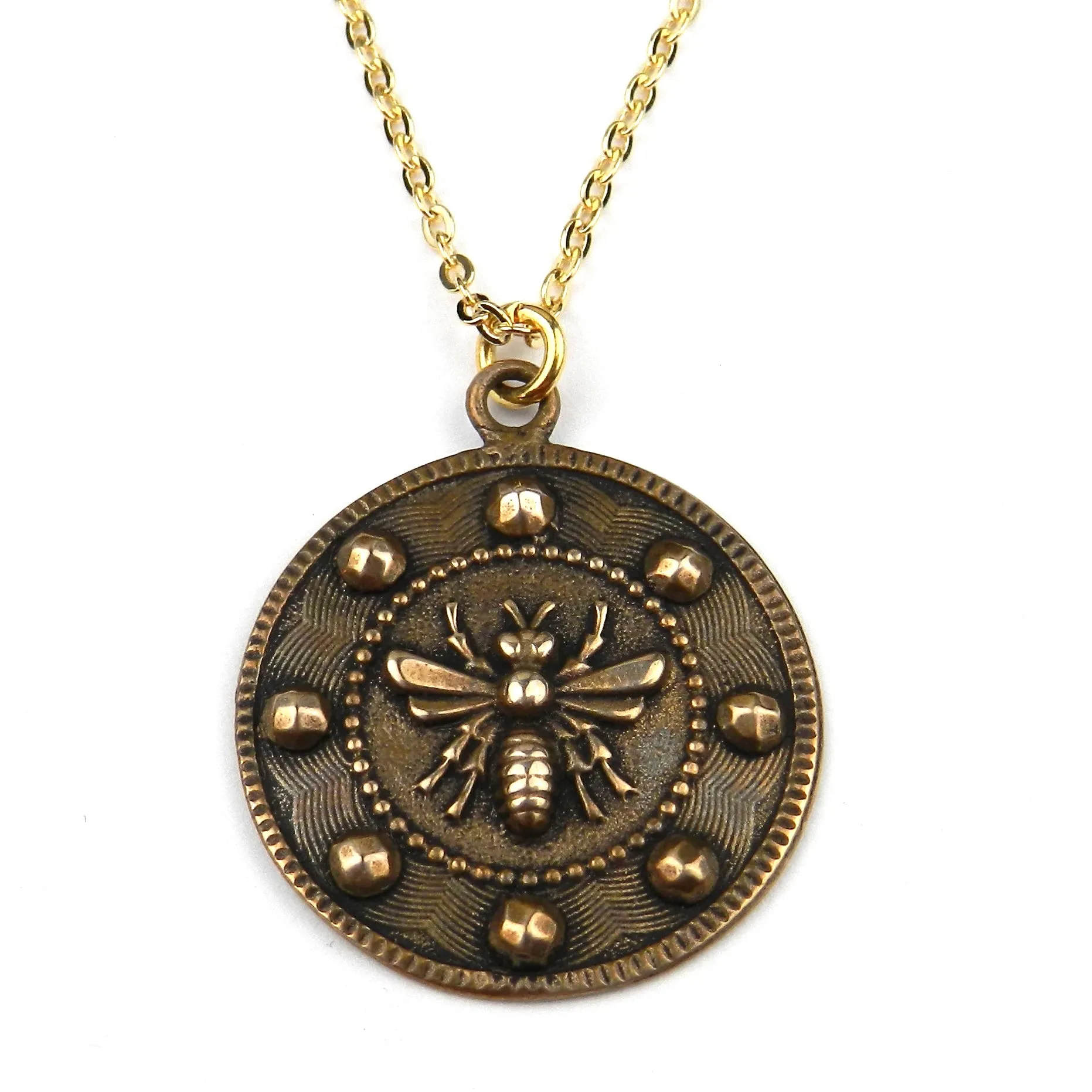 QUEEN BEE (Lg) Vintage Button Necklace - BRONZE