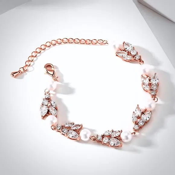 "Alara" - Pearl and Cubic Zirconia Bridal Bracelet - Available in Silver, Rose Gold and Yellow Gold