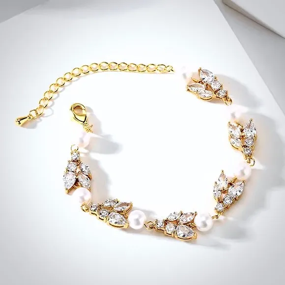 "Alara" - Pearl and Cubic Zirconia Bridal Bracelet - Available in Silver, Rose Gold and Yellow Gold