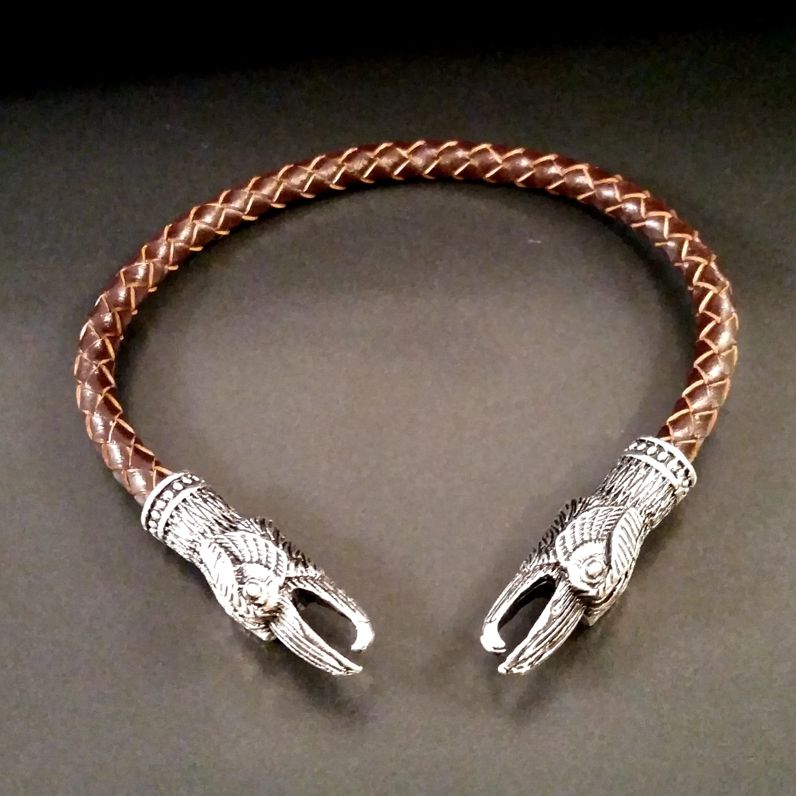 Raven Bracelet  Torc Silver Brown Leather