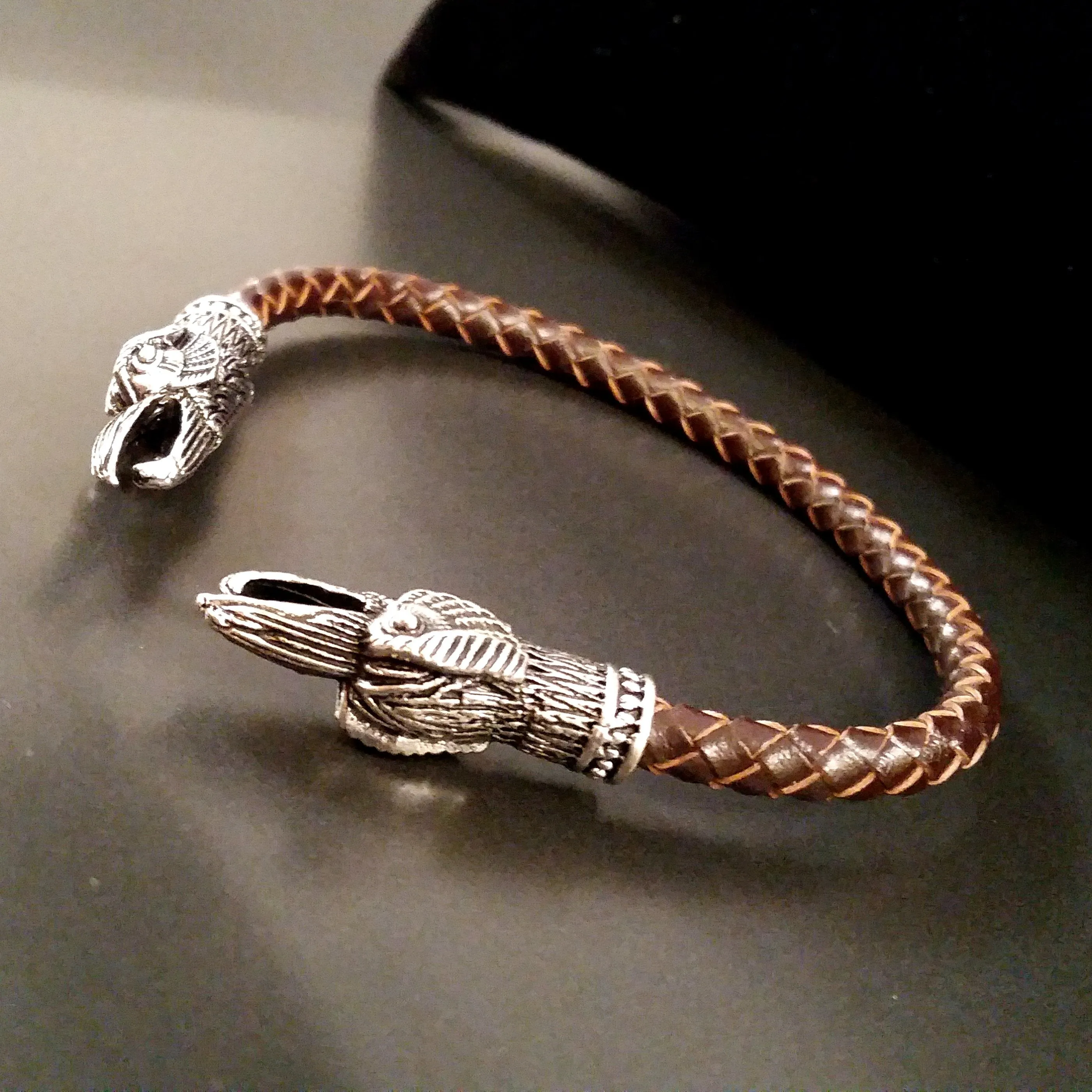 Raven Bracelet  Torc Silver Brown Leather