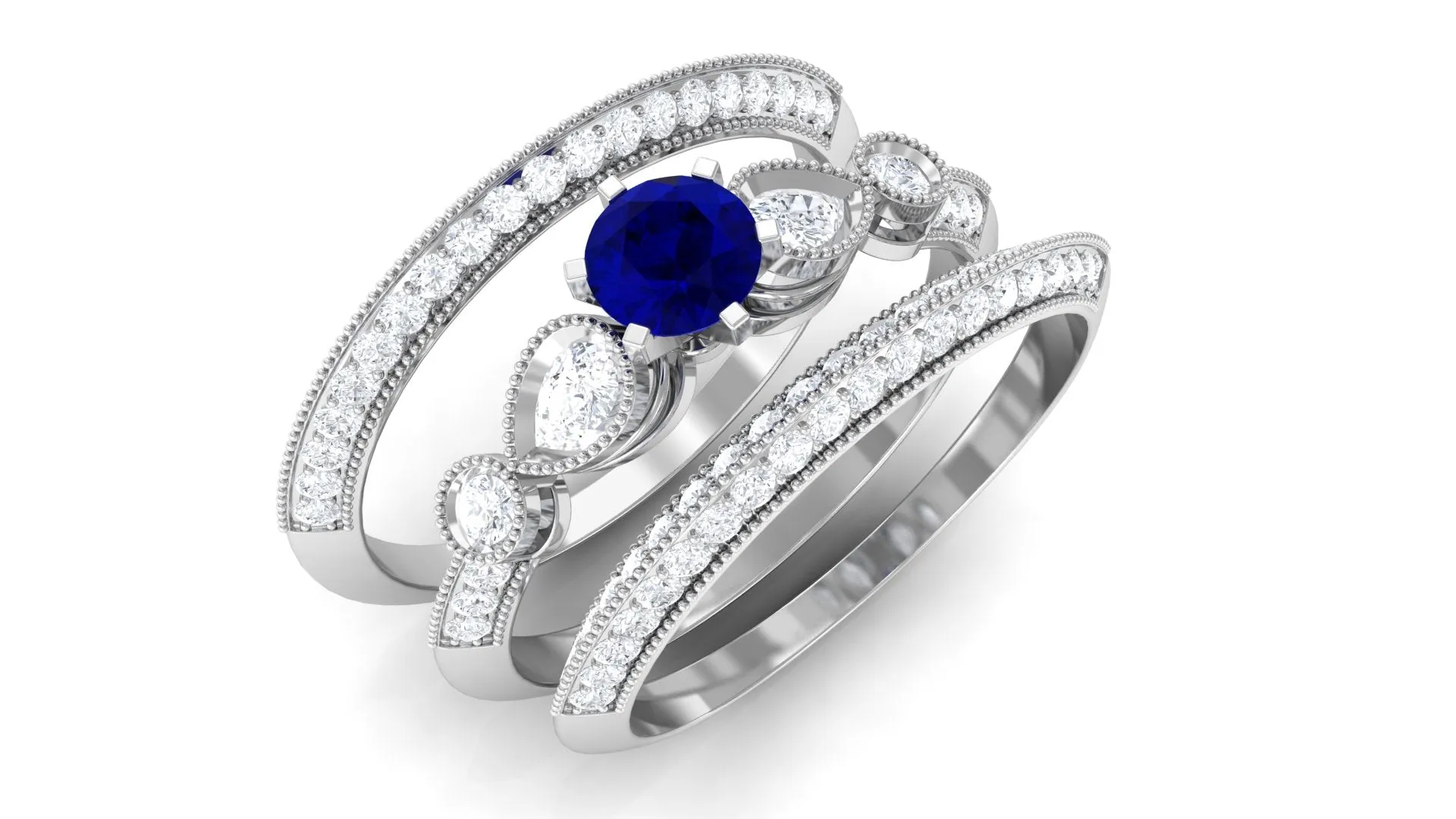 Real Blue Sapphire and Diamond Bridal Ring Set with Beaded Details