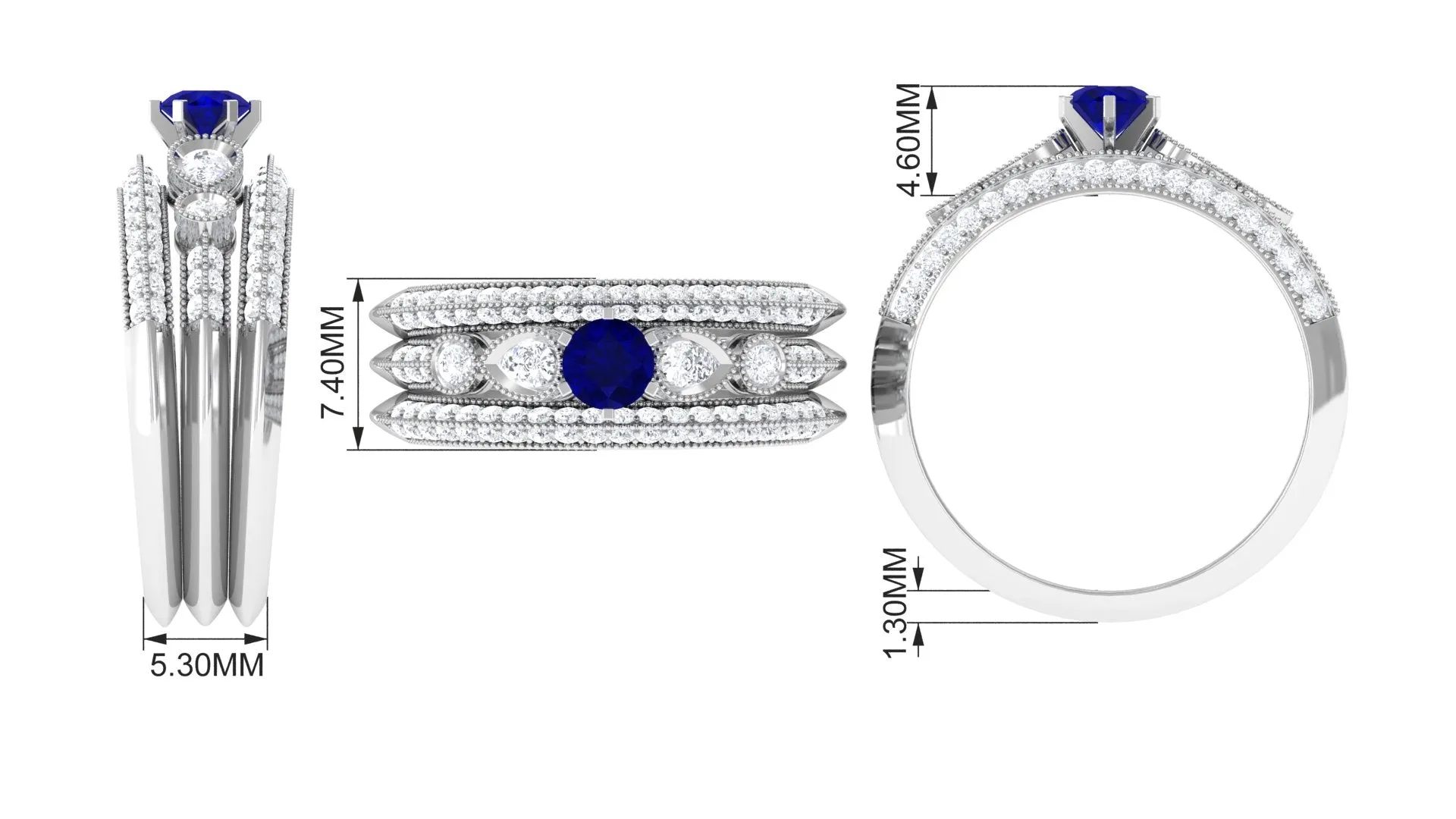 Real Blue Sapphire and Diamond Bridal Ring Set with Beaded Details