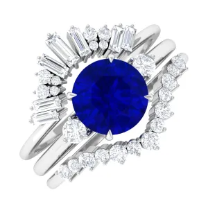 Round Created Blue Sapphire Designer Trio Wedding Ring Set with Diamond