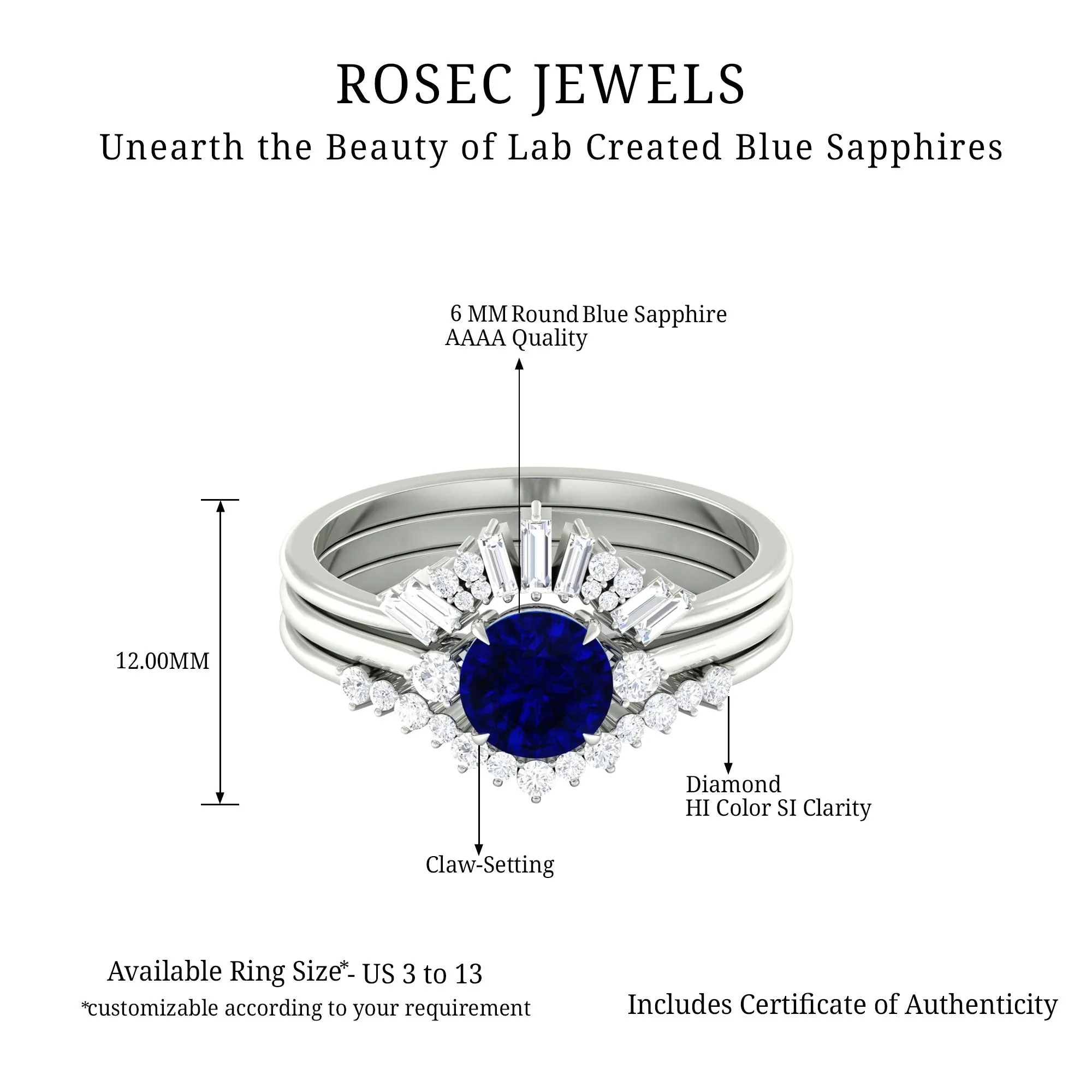 Round Created Blue Sapphire Designer Trio Wedding Ring Set with Diamond