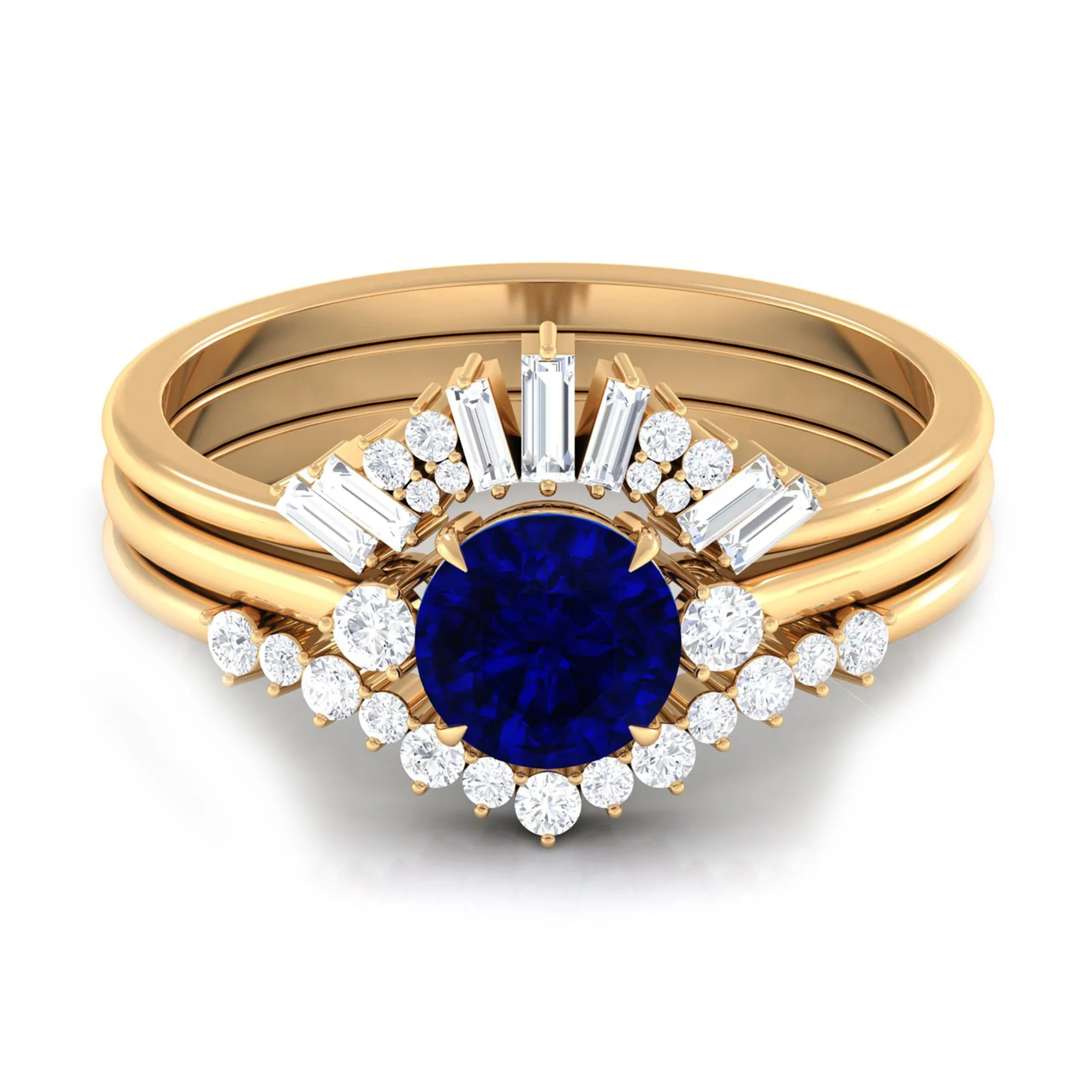 Round Created Blue Sapphire Designer Trio Wedding Ring Set with Diamond