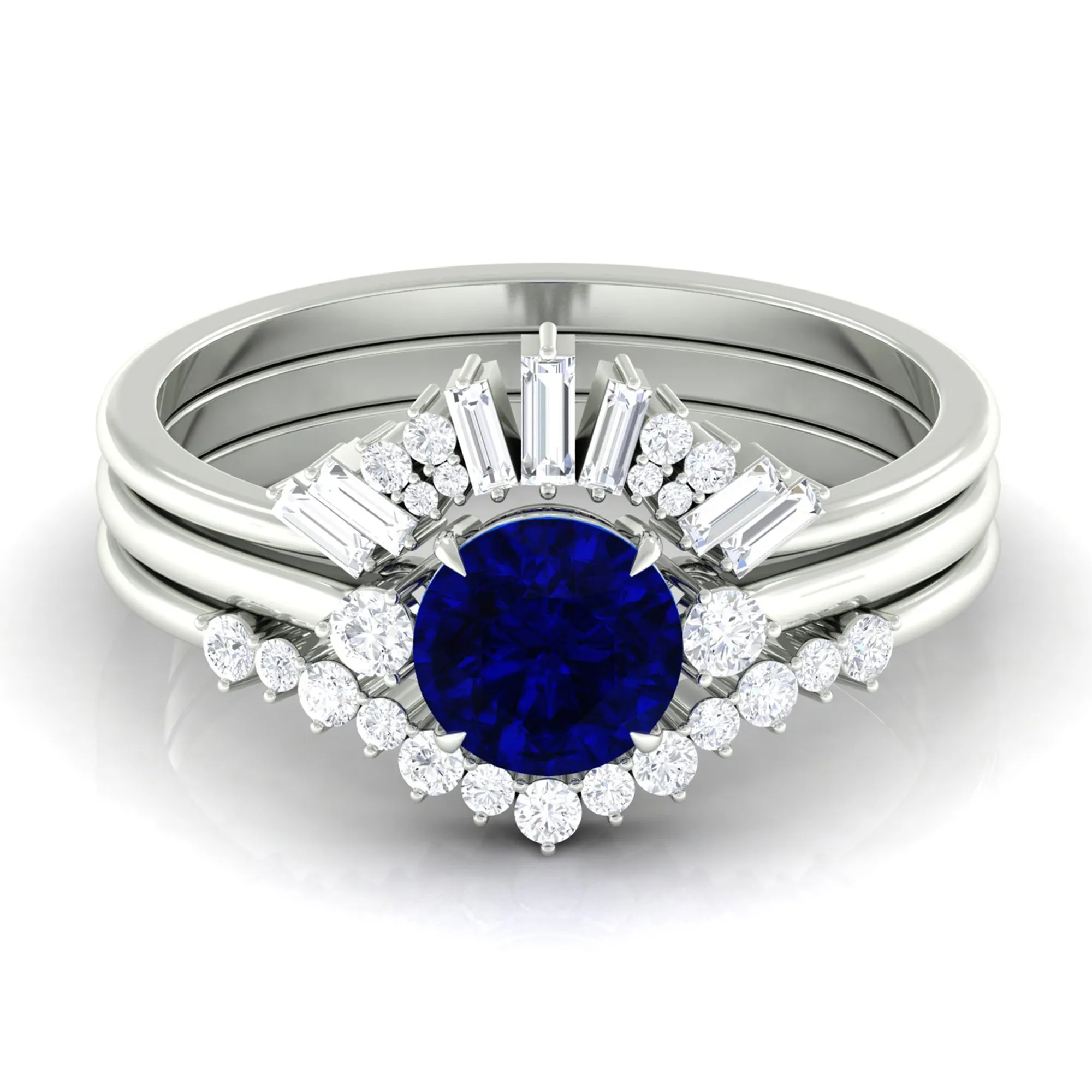 Round Created Blue Sapphire Designer Trio Wedding Ring Set with Diamond