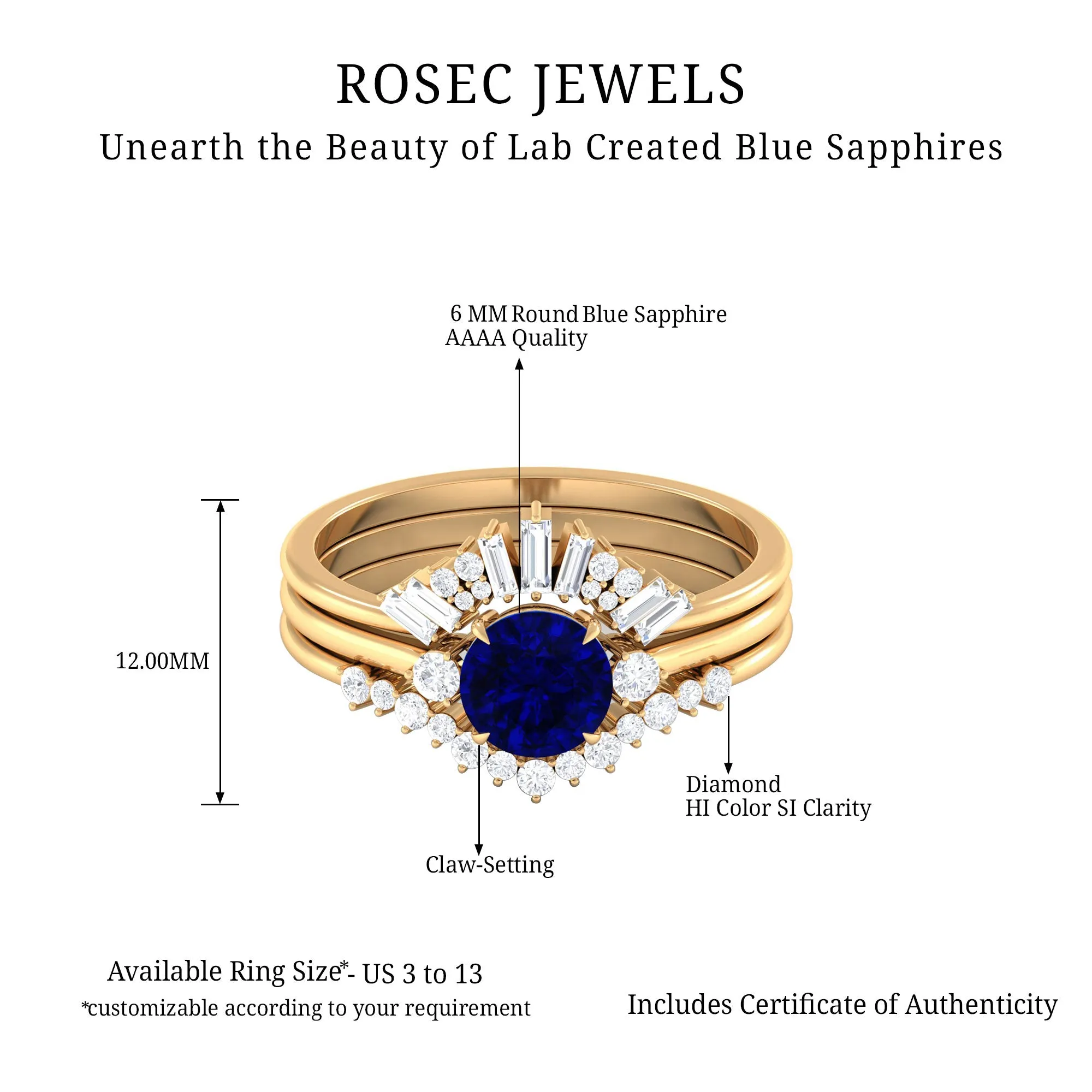 Round Created Blue Sapphire Designer Trio Wedding Ring Set with Diamond