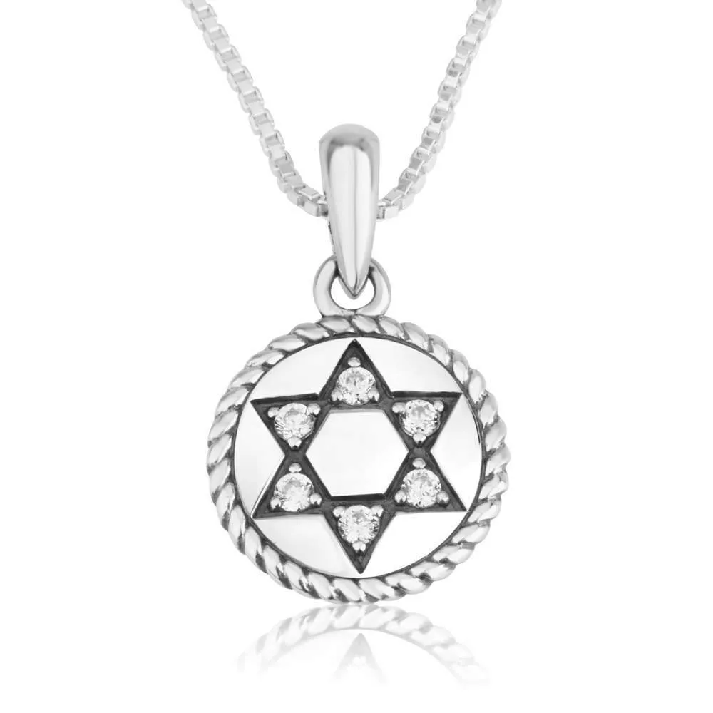 Round Star David Silver Zircon Stone Textured Pendant Jewish Jewelry Holy Land