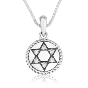 Round Star David Silver Zircon Stone Textured Pendant Jewish Jewelry Holy Land