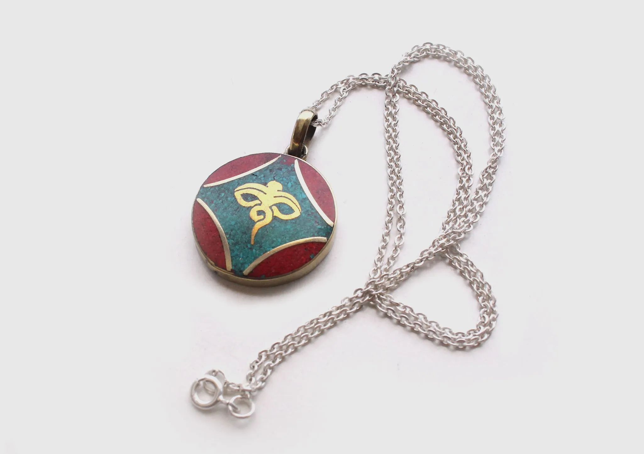 Round Tibetan Kalachakra, Om and Buddha Eyes Pendant