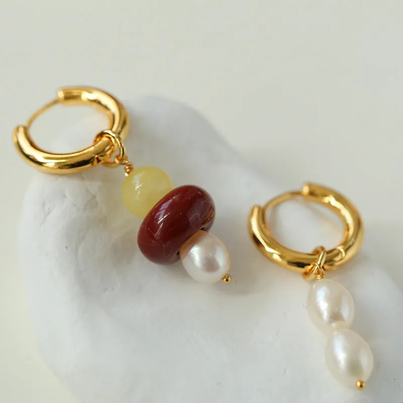 Rustic Chic: Asymmetric Natural Stone and Pearl Earrings