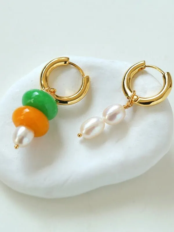 Rustic Chic: Asymmetric Natural Stone and Pearl Earrings