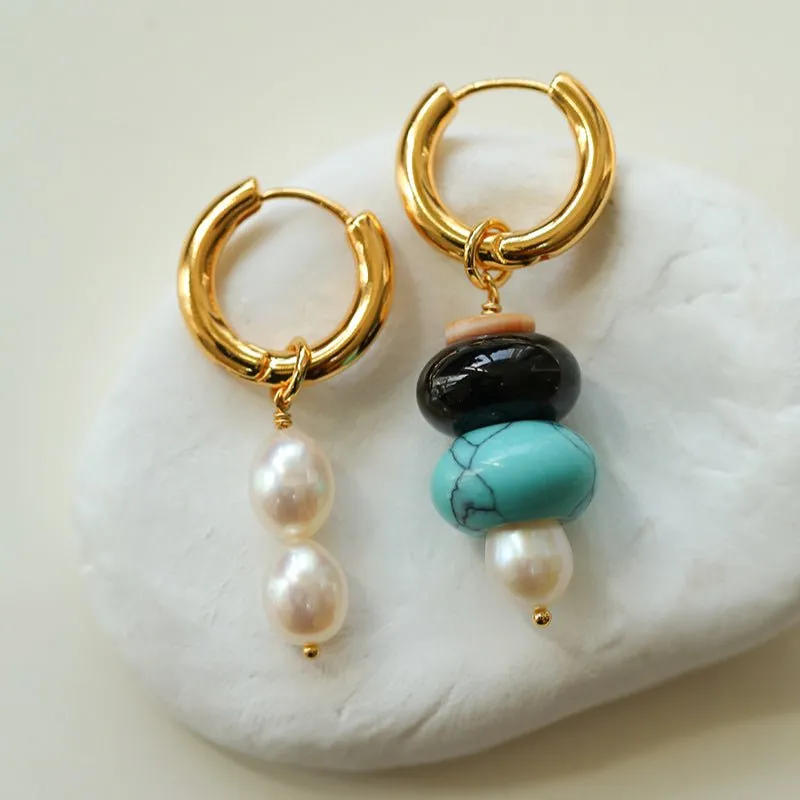 Rustic Chic: Asymmetric Natural Stone and Pearl Earrings