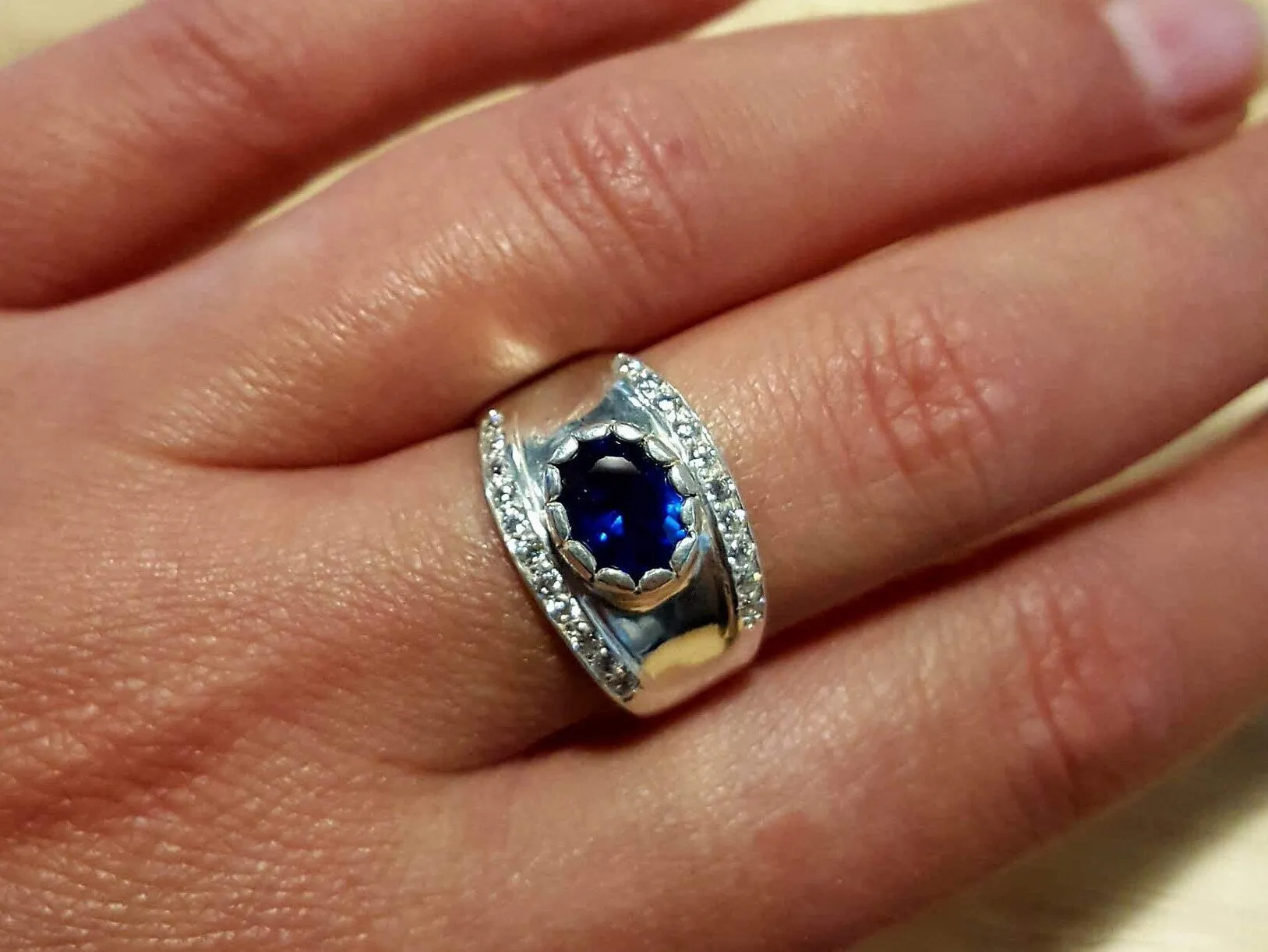 Sapphire Silver Ring - Chunky Wide Band - Blue Gemstone Ring