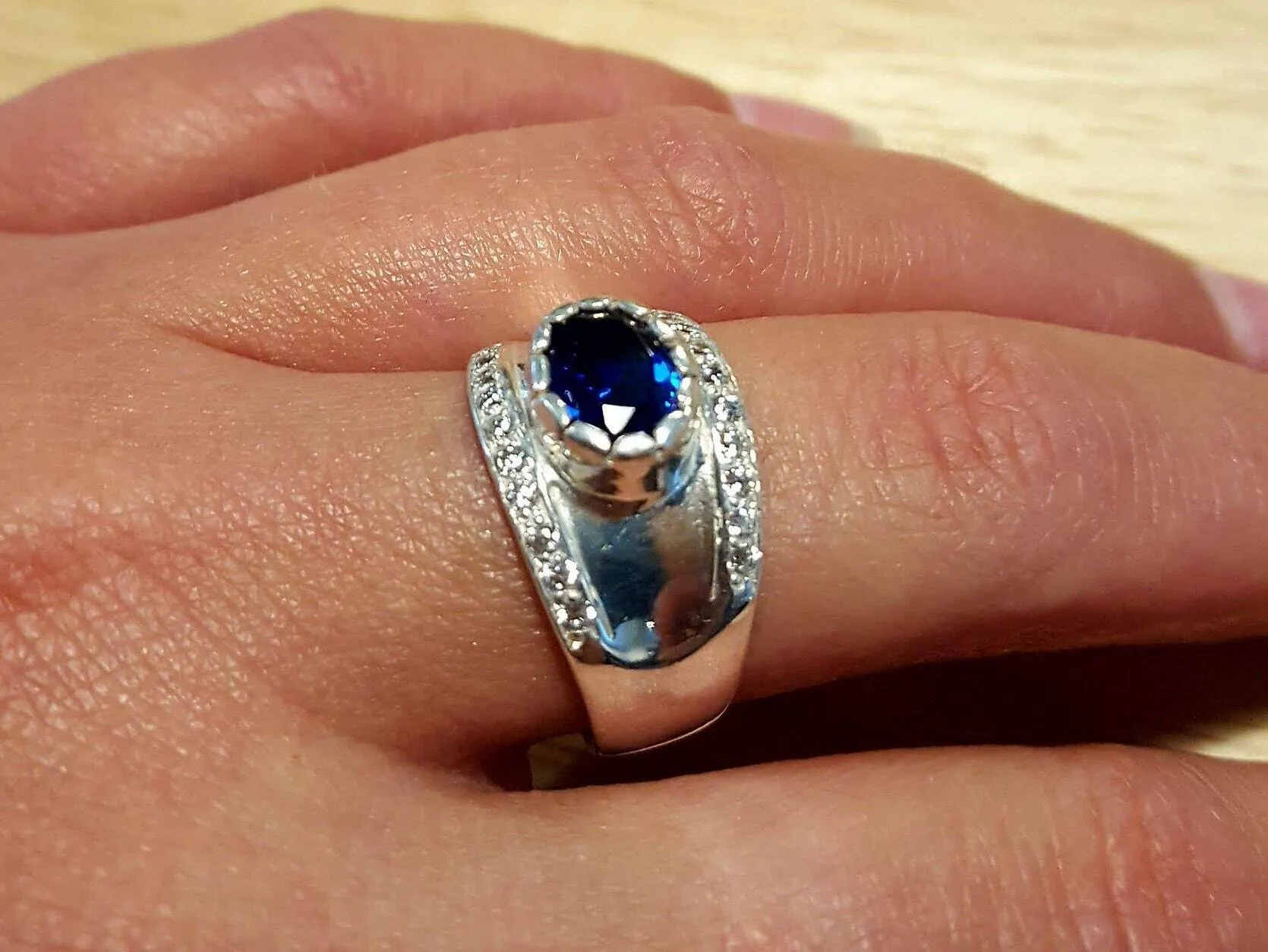 Sapphire Silver Ring - Chunky Wide Band - Blue Gemstone Ring