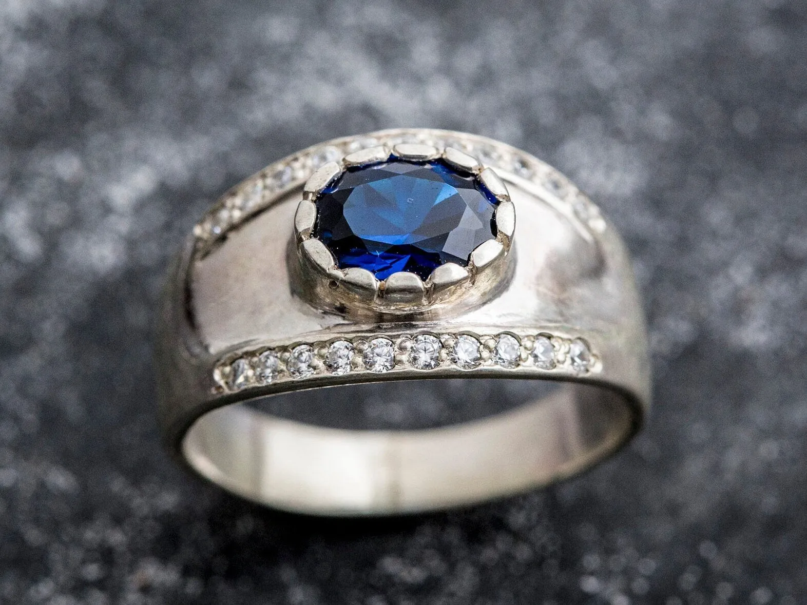 Sapphire Silver Ring - Chunky Wide Band - Blue Gemstone Ring