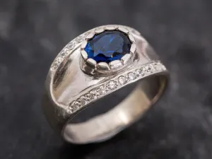 Sapphire Silver Ring - Chunky Wide Band - Blue Gemstone Ring