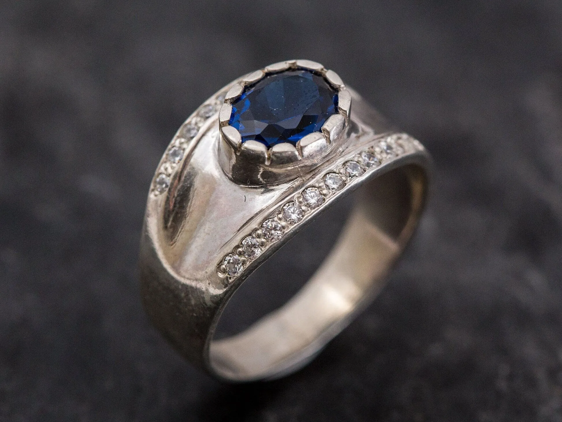 Sapphire Silver Ring - Chunky Wide Band - Blue Gemstone Ring