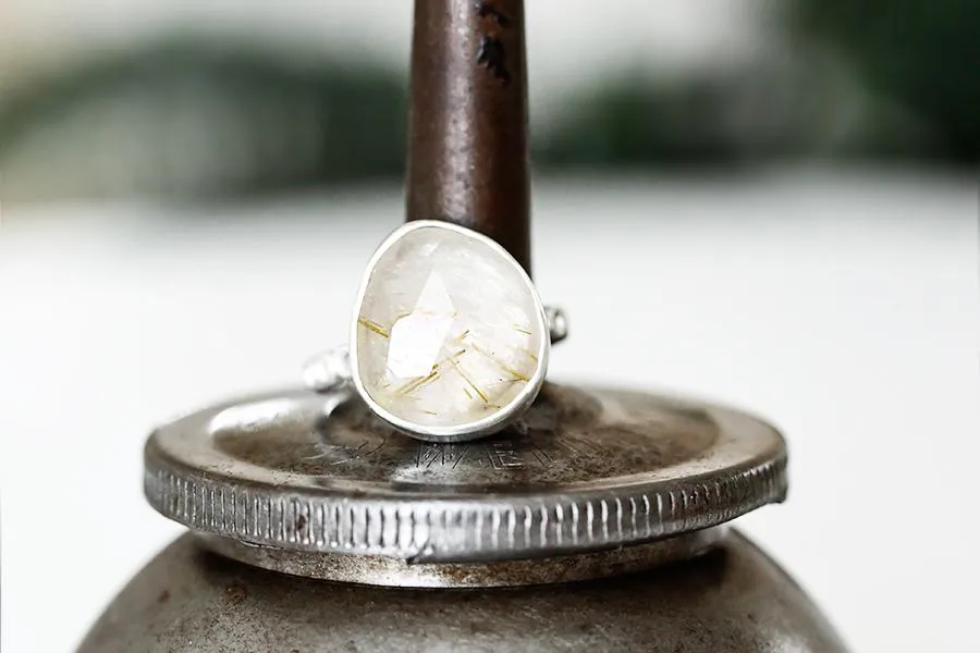 Silver Rose Cut Rutilated Quartz Ring