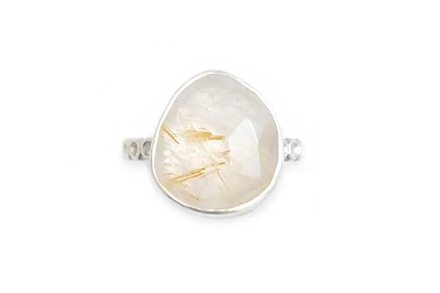 Silver Rose Cut Rutilated Quartz Ring