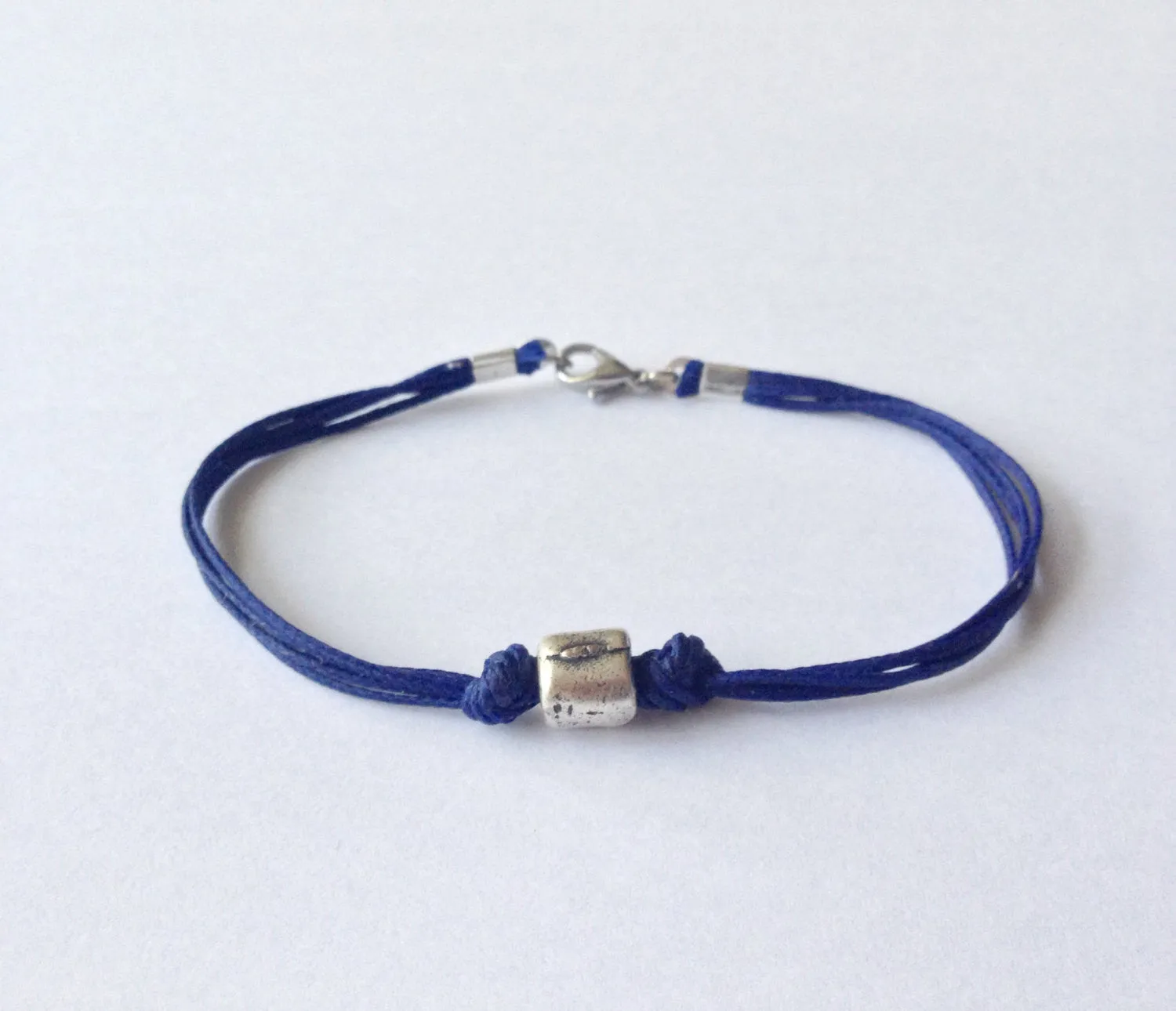 Silver tube bead bracelet for men with a blue cord, gift for him