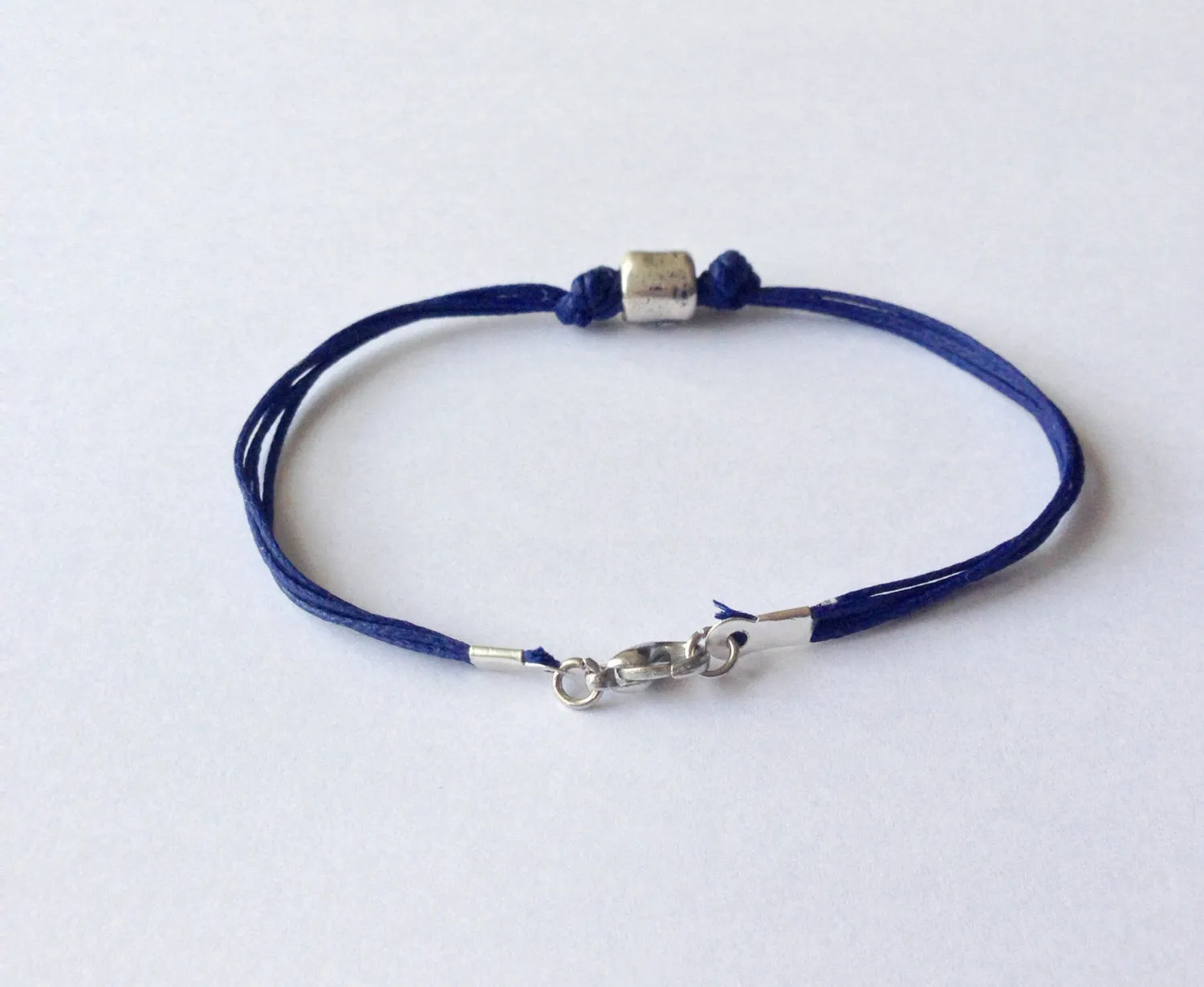 Silver tube bead bracelet for men with a blue cord, gift for him