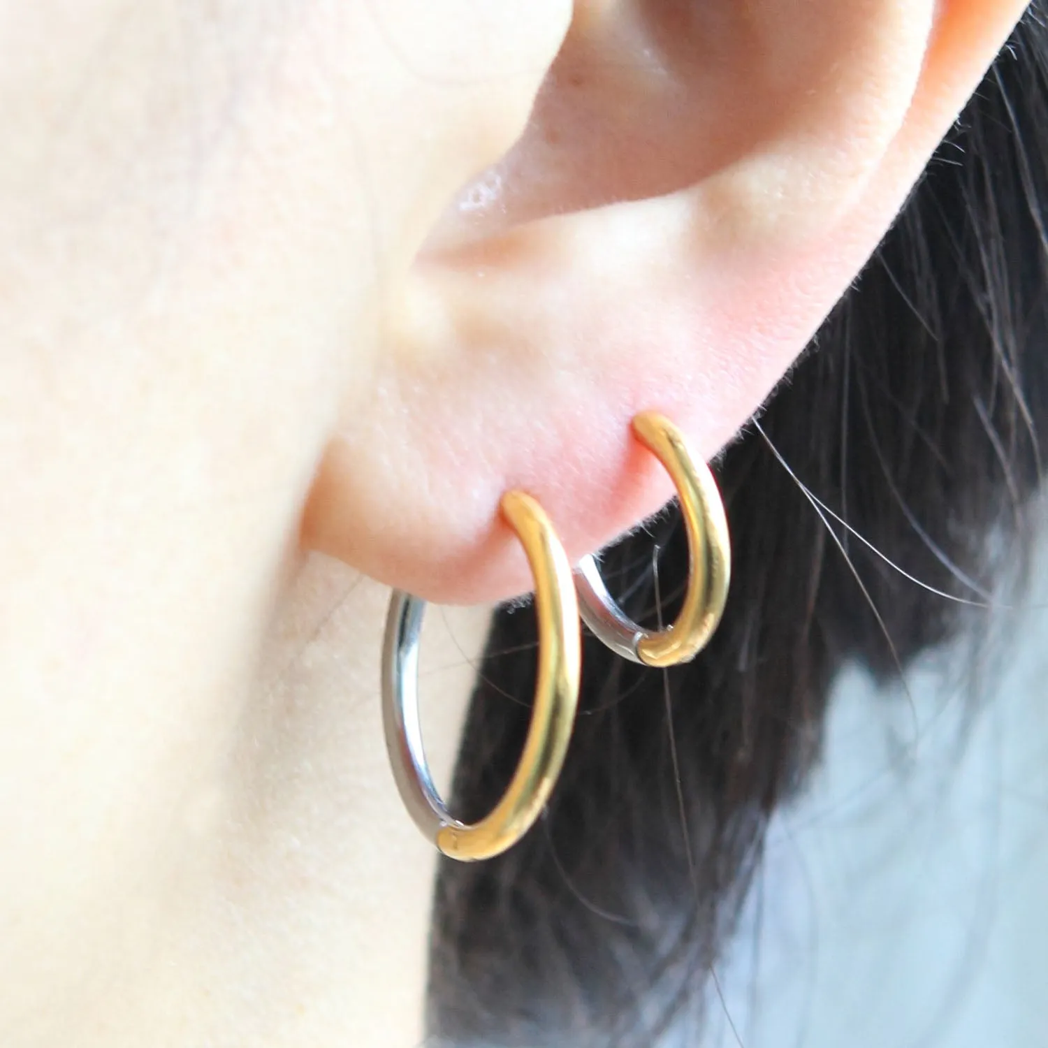 Simple 2 tone Hoop Huggie Stainless Steel Earrings