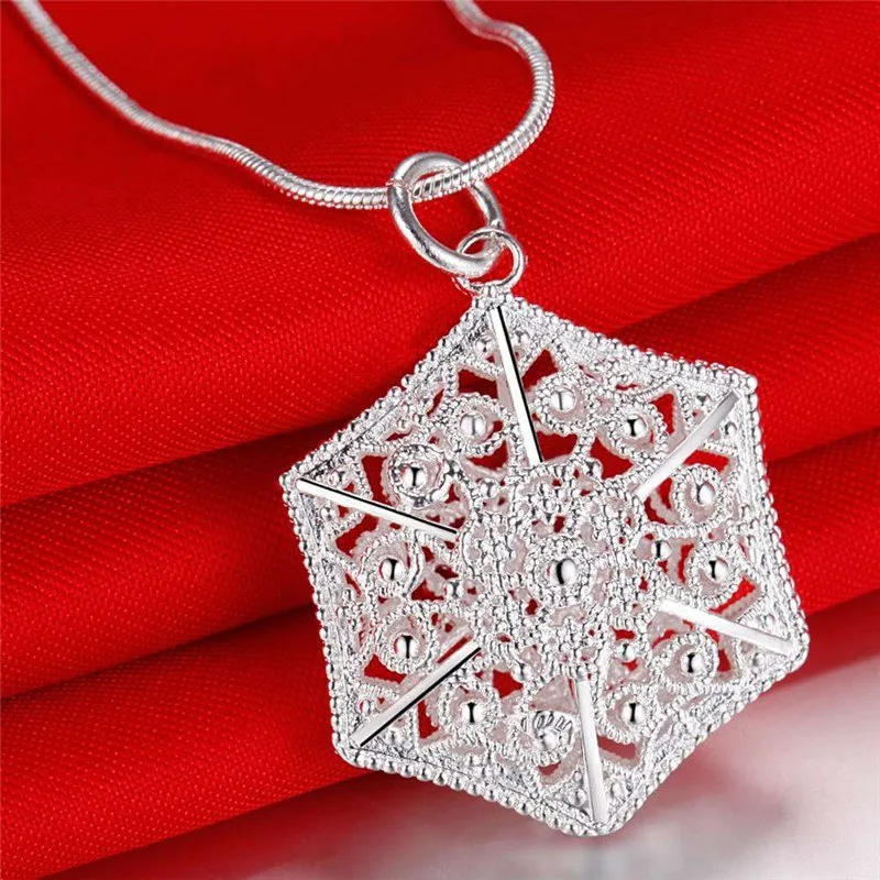 Six Sided Filigree Puffed Cage Silver Necklace