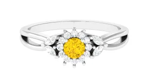 Split Shank Yellow Sapphire Flower Engagement Ring with Diamond