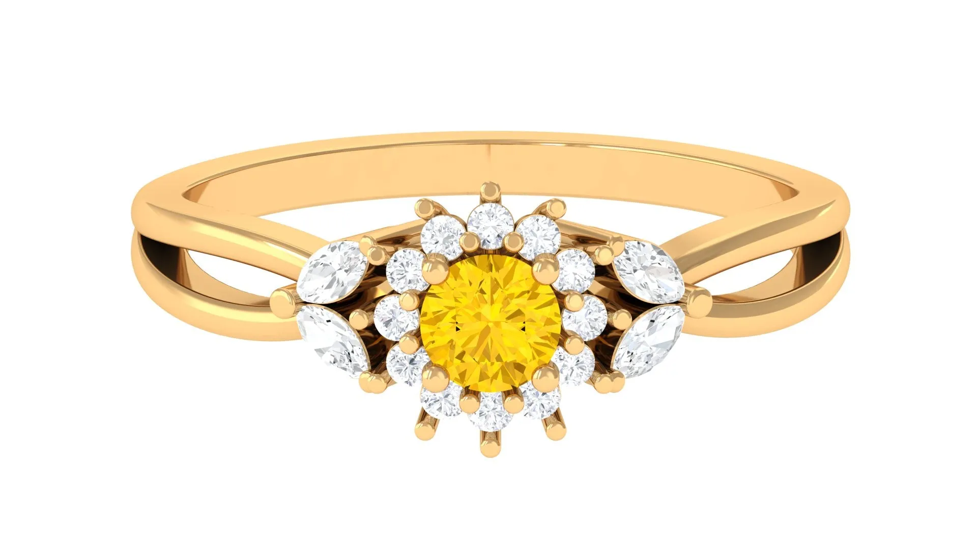 Split Shank Yellow Sapphire Flower Engagement Ring with Diamond