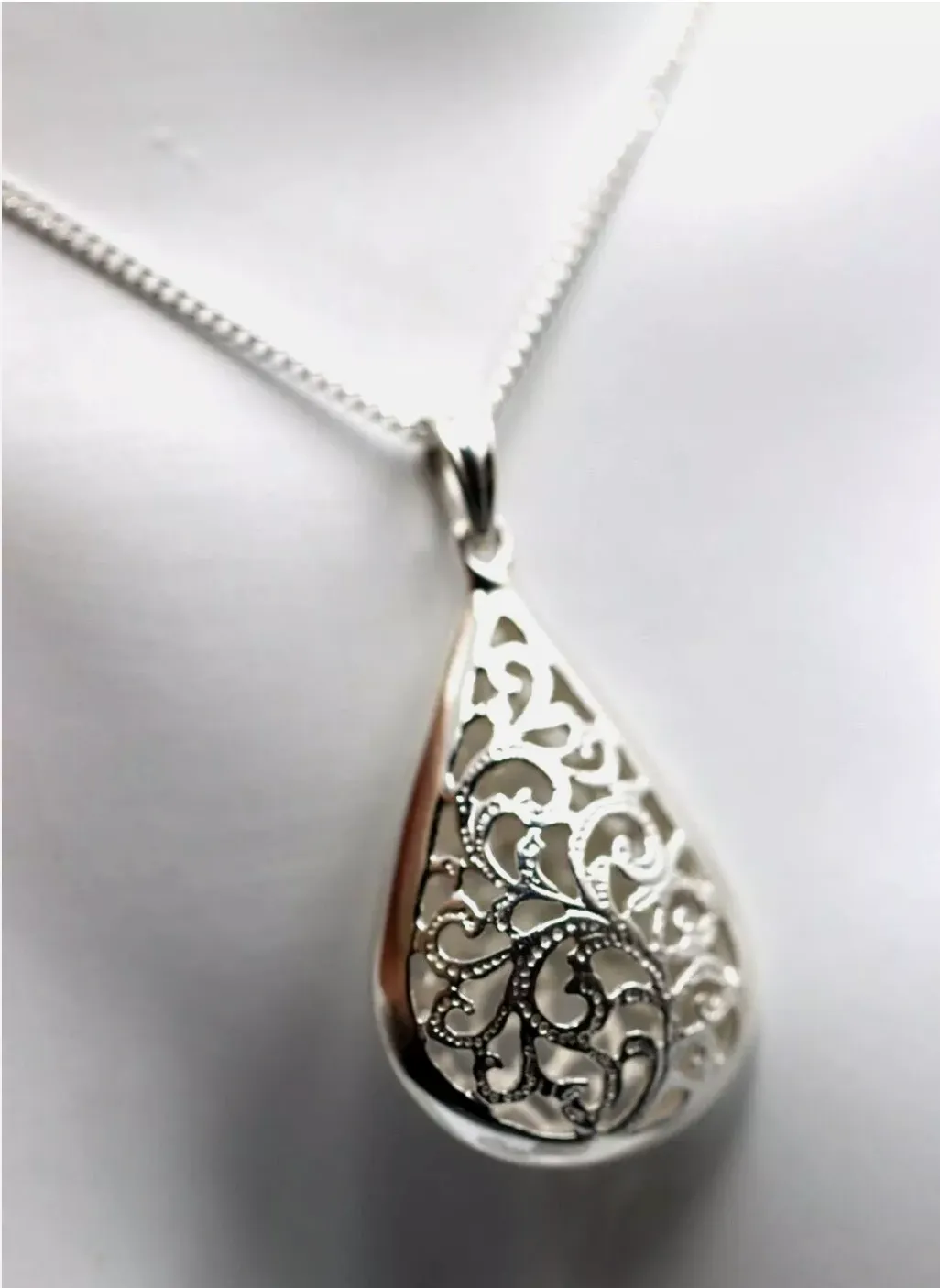 Sterling Silver 925 Tear Drop Teardrop Filigree Pendant   Necklace