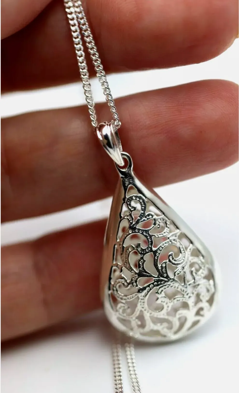 Sterling Silver 925 Tear Drop Teardrop Filigree Pendant   Necklace