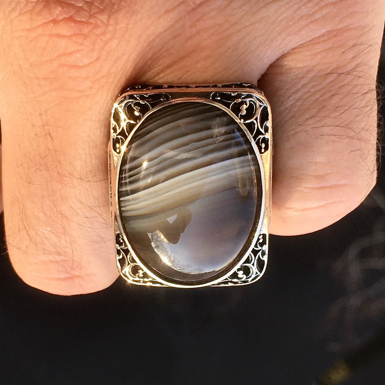 Sterling Silver Big Mens Ring Banded Botswana Agate Unique Statement Jewelry