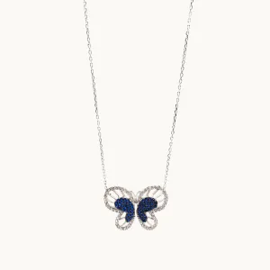 Sterling Silver Butterfly Pendant Necklace with Blue Crystals