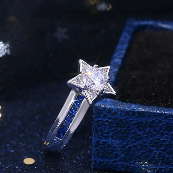 Sterling Silver Created Blue and White Sapphire Star Shape Ring