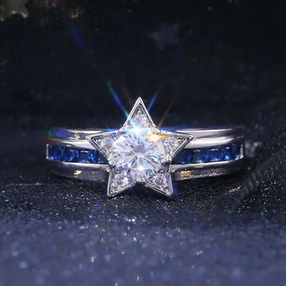 Sterling Silver Created Blue and White Sapphire Star Shape Ring