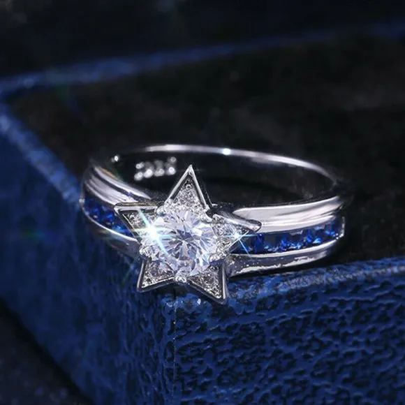 Sterling Silver Created Blue and White Sapphire Star Shape Ring