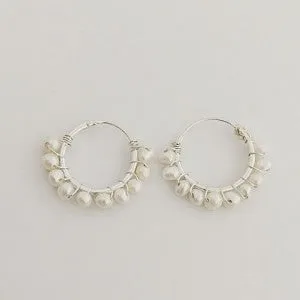 Sterling Silver Earrings - Beaded Pearl Hoop