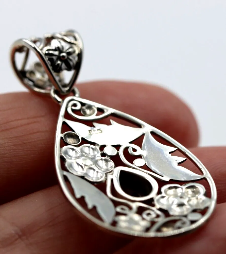 Sterling Silver Flower Filigree Smoky Quartz Teardrop Pendant