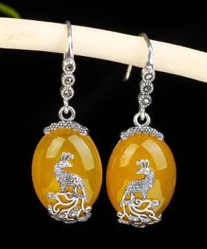 Sterling Silver Inlaid Chalcedony Peacock Drop Earrings