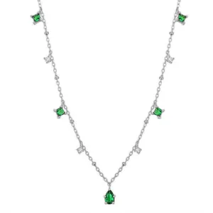 Sterling Silver Necklace with Emerald Green and Clear Crystal Accents – Elegant Minimalist Jewelry jltn0529